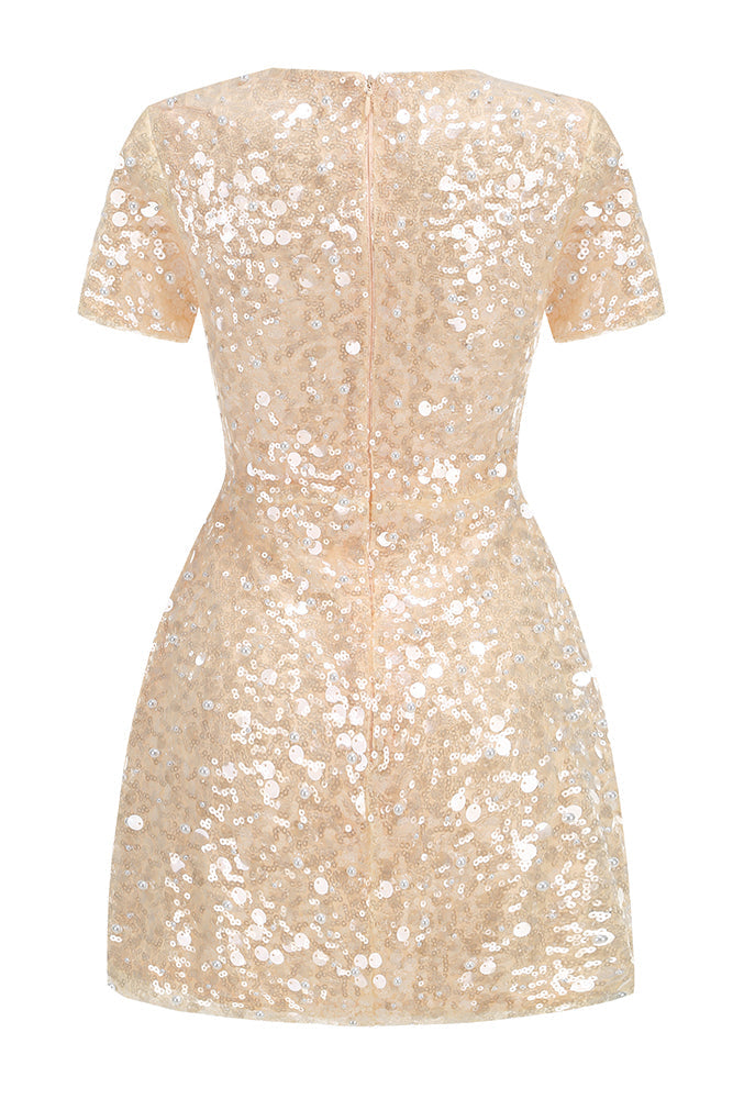 Apricot pearl sparkle sequin short sleeve mini dress.