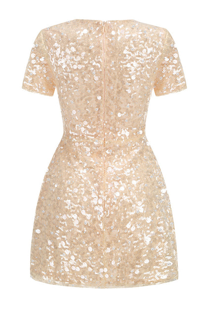 Apricot pearl sparkle sequin short sleeve mini dress.