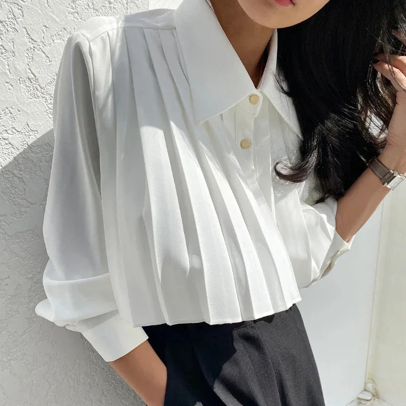 Blouses for Women Temperament Single Breasted White Shirts Crop Tops Autumn Pleated Vintage Blouse