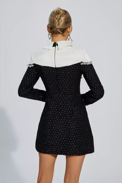 Lapel Long Sleeve High Waist Patchwork Sequins Mini Dress.