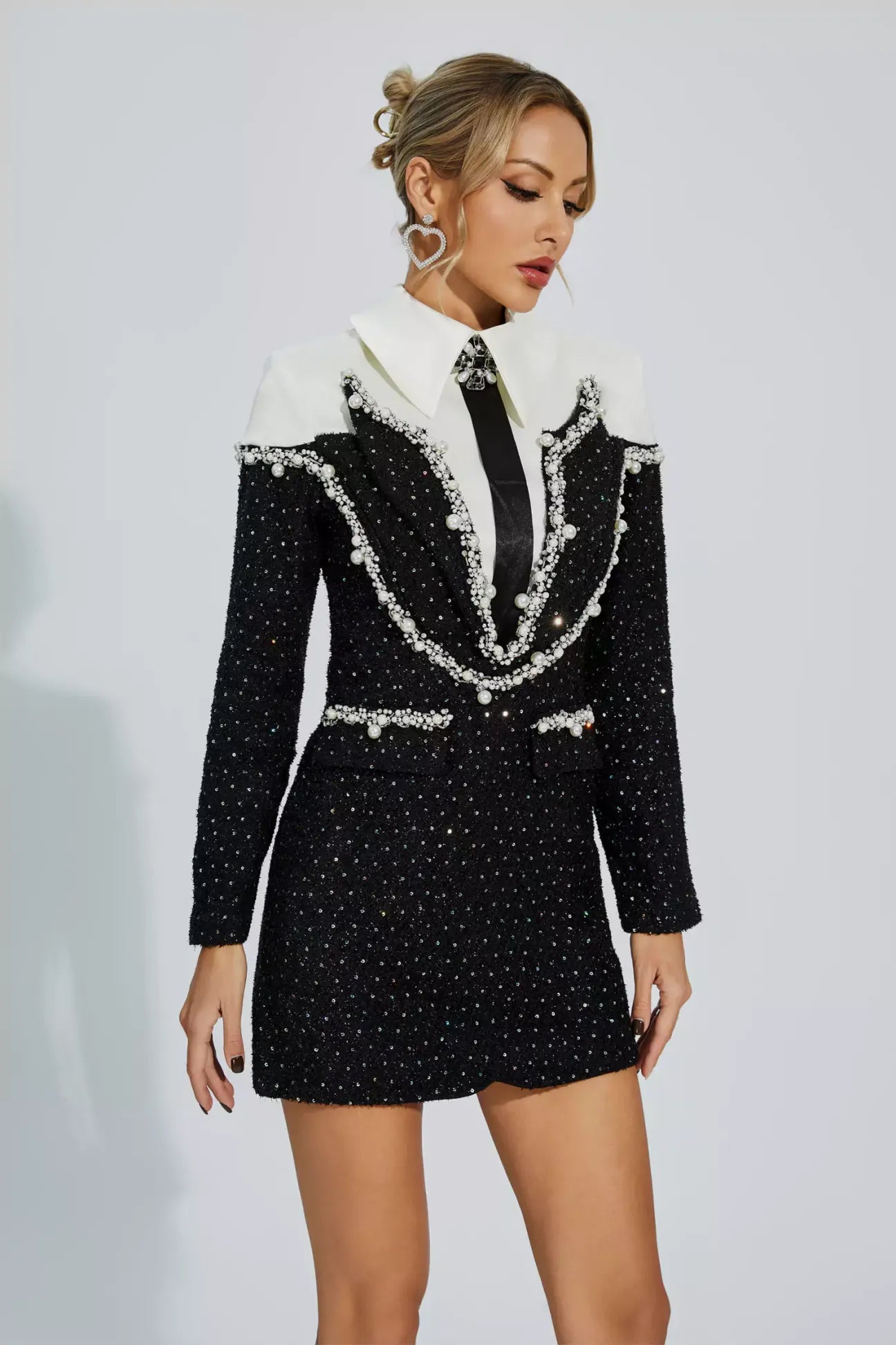 Lapel Long Sleeve High Waist Patchwork Sequins Mini Dress.