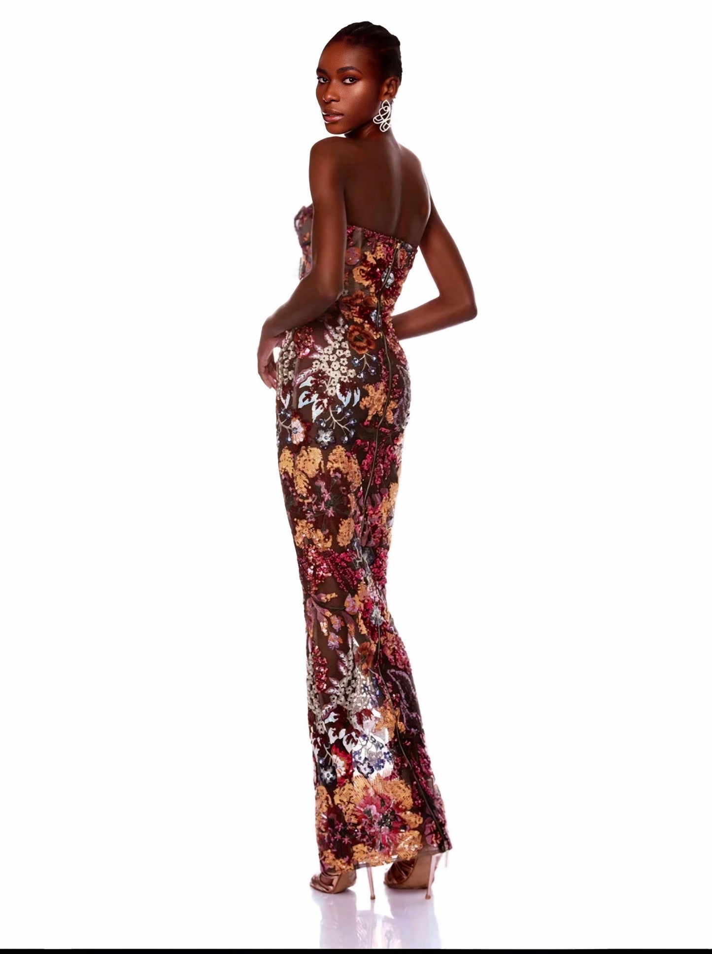 Sexy Strapless Embroidery Patchwork Mesh Long Dress Comes With Lining.