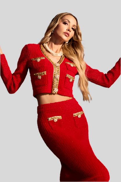 Charming luxurious set, red Tweed two-piece V-neck.