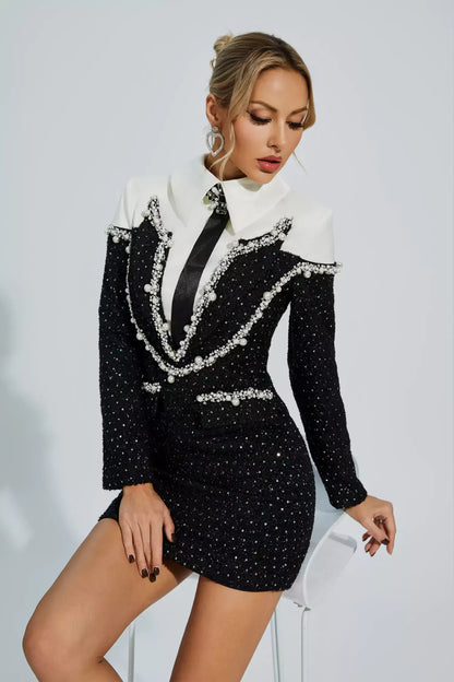 Lapel Long Sleeve High Waist Patchwork Sequins Mini Dress.