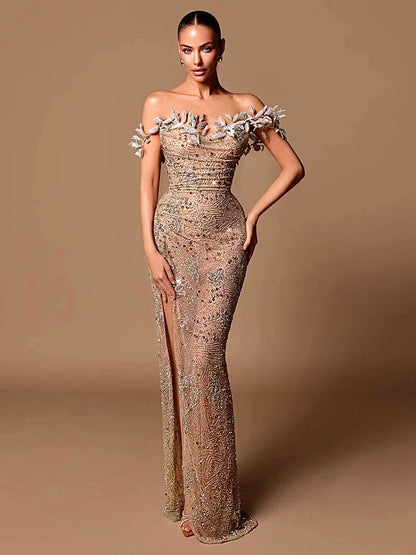 Sleeveless Beading Sequins Long Dress Embroidered Leaves High Slit Slim Bodycon Elegant Evening Dress.