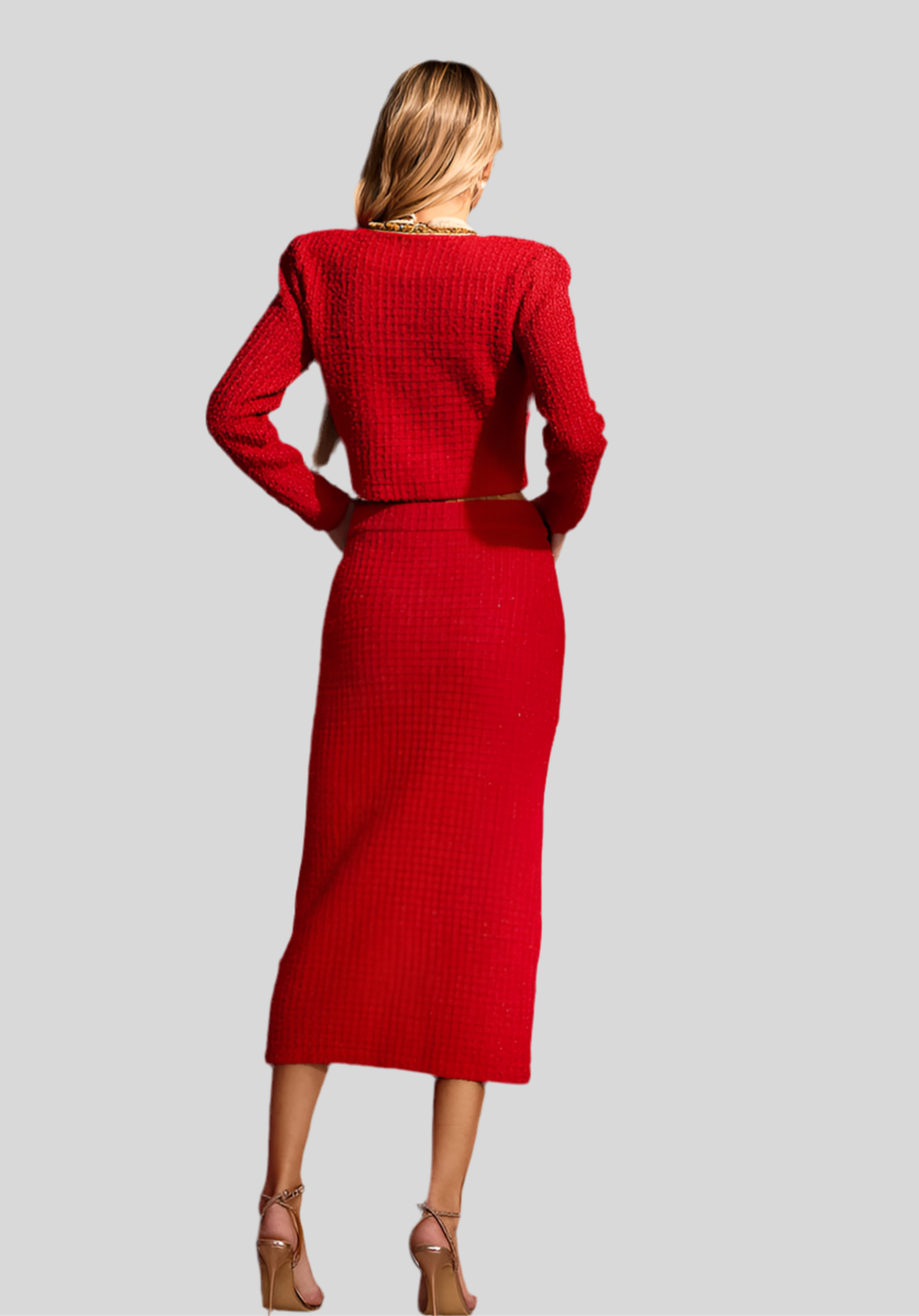 Charming luxurious set, red Tweed two-piece V-neck.