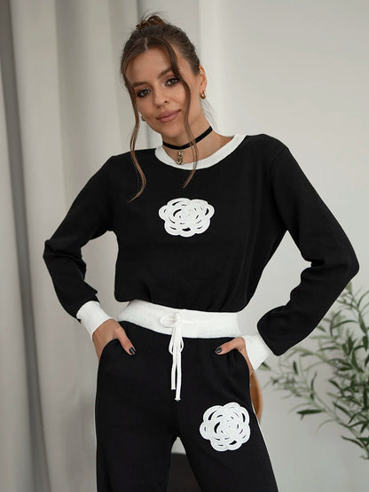 Two Piece Women Sets Floral Sweater Matching Sets Knit Tracksuit Women