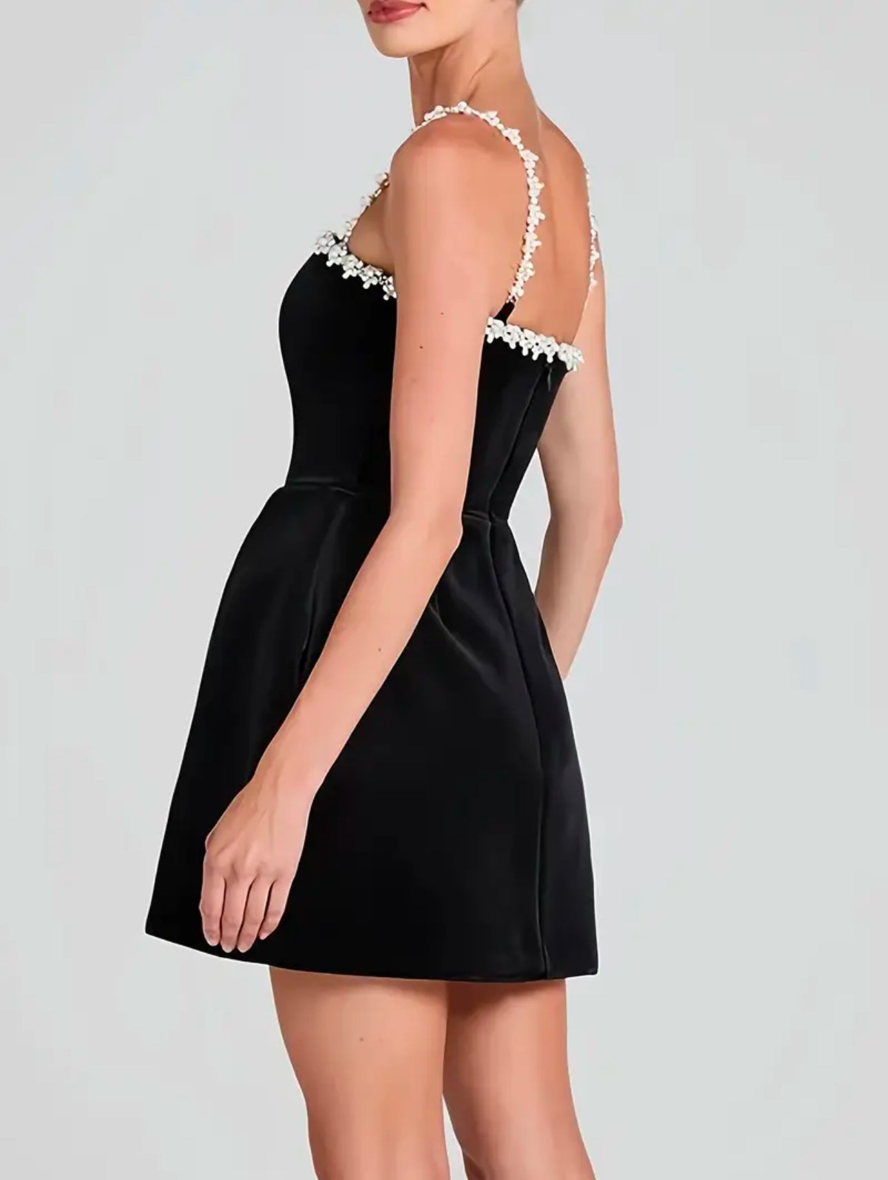 Women Rhinestone Decor Black Velvet Mini Dress.