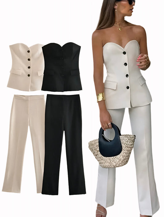 Elegant Solid Pant Suit Front Button Strapless Sexy Tank Tops + Side Slit Trouser.