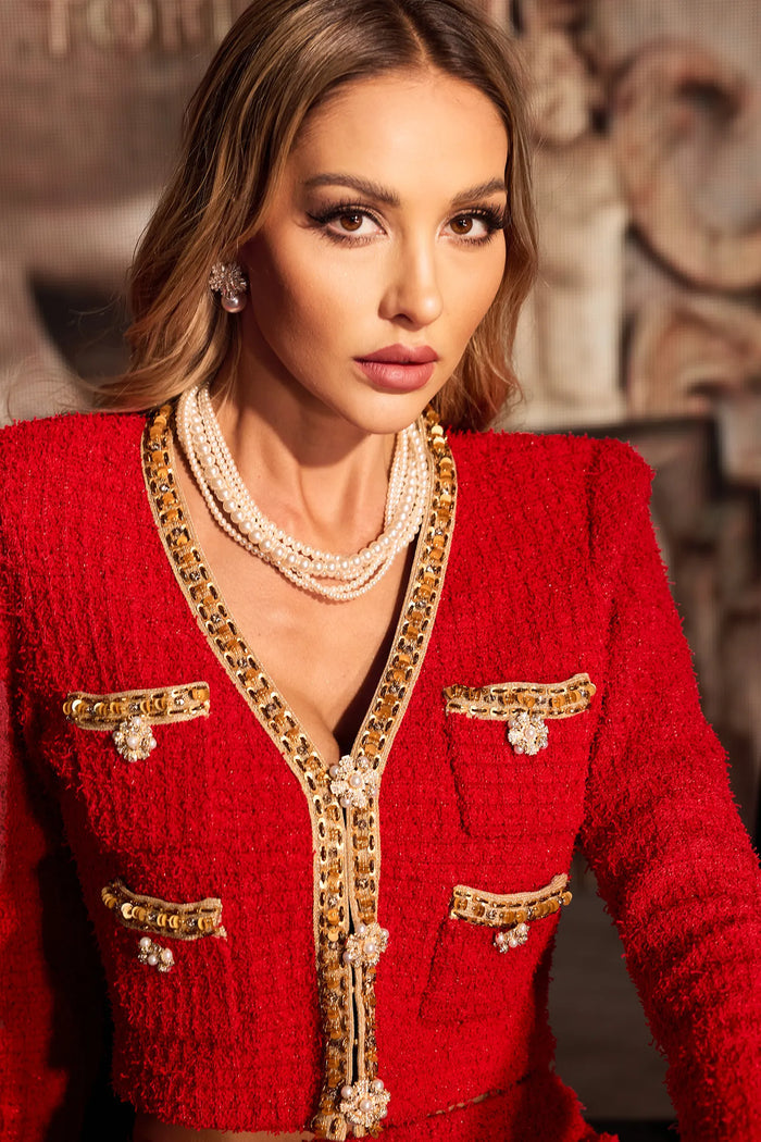 Charming luxurious set, red Tweed two-piece V-neck.