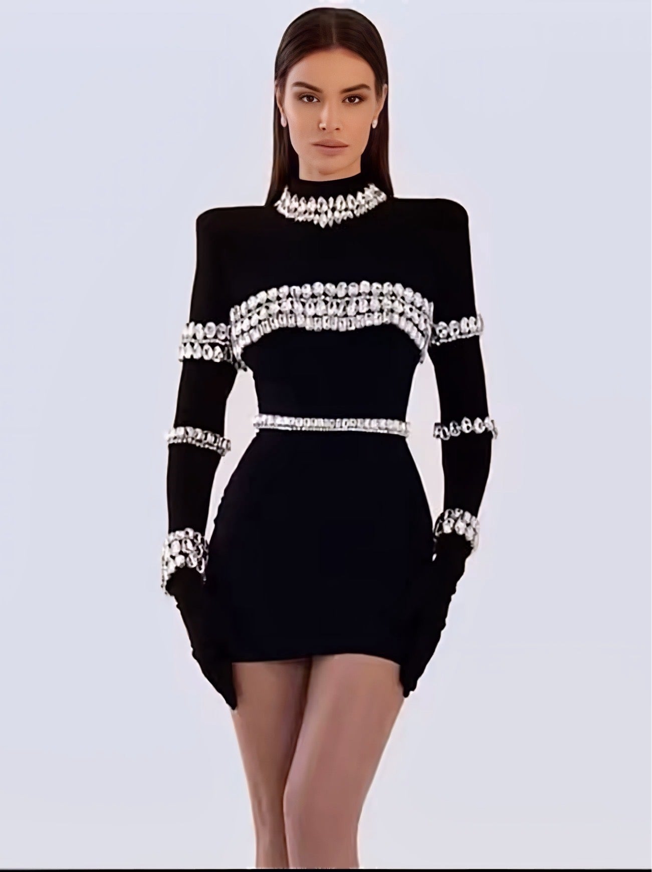 Long Sleeve Big Crystal Bodycon Mini Dress Bandage Fashion Elegant Evening Party Dress Vestido.