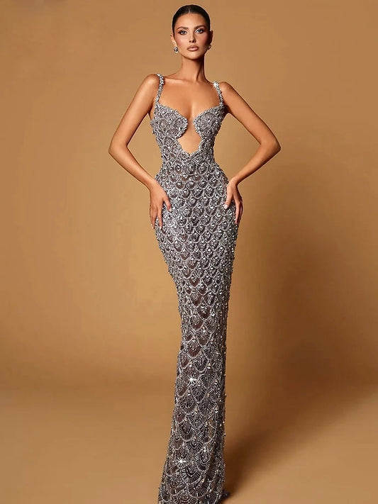 Silver Maxi Long Dress Elegant Party Evening.