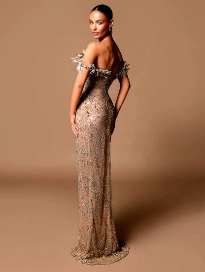 Sleeveless Beading Sequins Long Dress Embroidered Leaves High Slit Slim Bodycon Elegant Evening Dress.