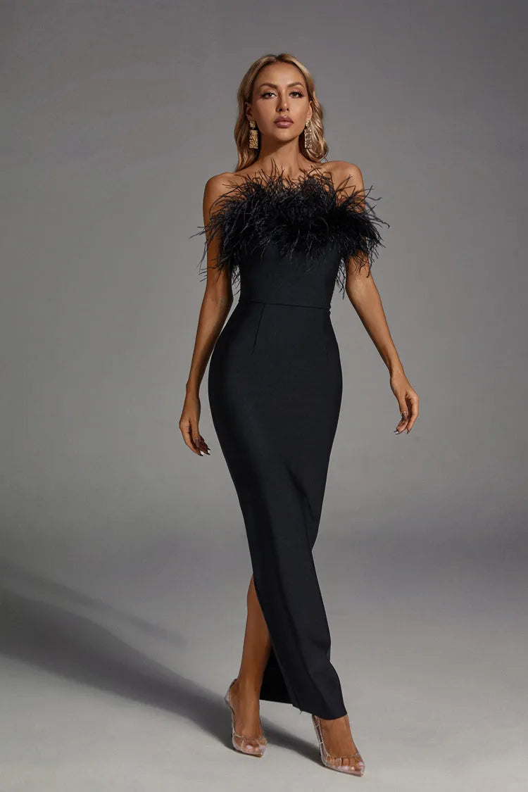 Elegant feathered midi dress.