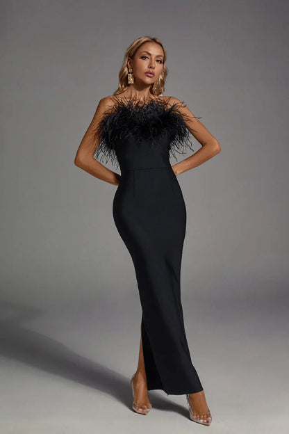 Elegant feathered midi dress.