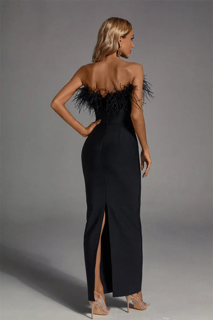 Elegant feathered midi dress.