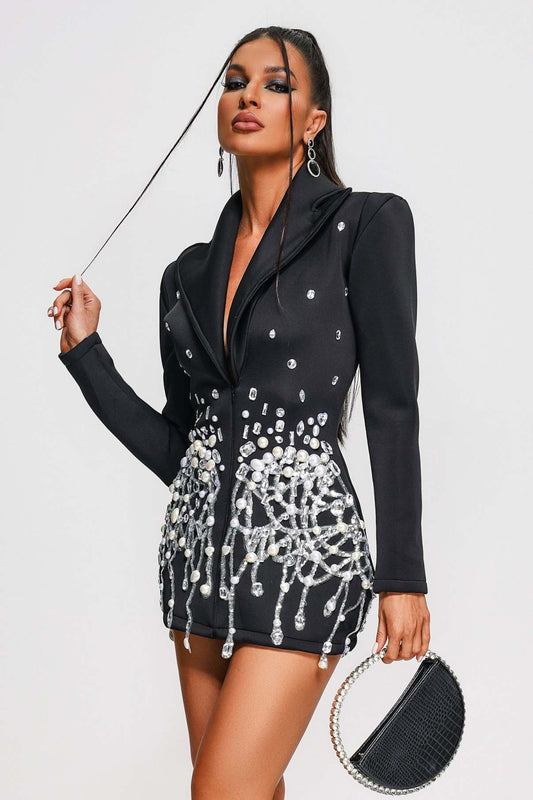 Lapel Long Sleeve High Waist Spliced Pearls Mini Dresses.