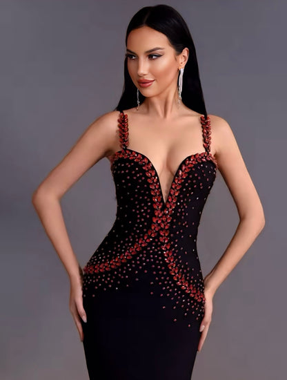 Strap Deep V-Neck Diamond Sexy show Bandage Long Dress.