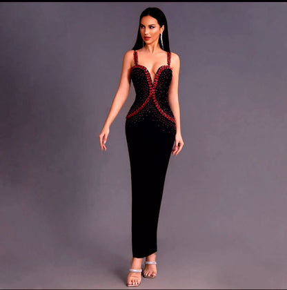 Strap Deep V-Neck Diamond Sexy show Bandage Long Dress.