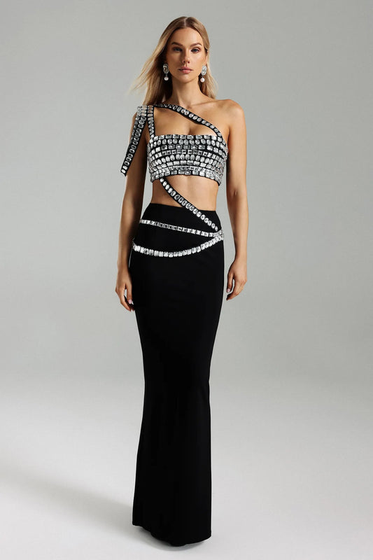 Sexy Maxi dress with top covered in large shiny diamonds.