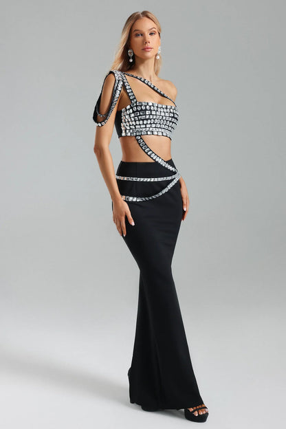 Sexy Maxi dress with top covered in large shiny diamonds.