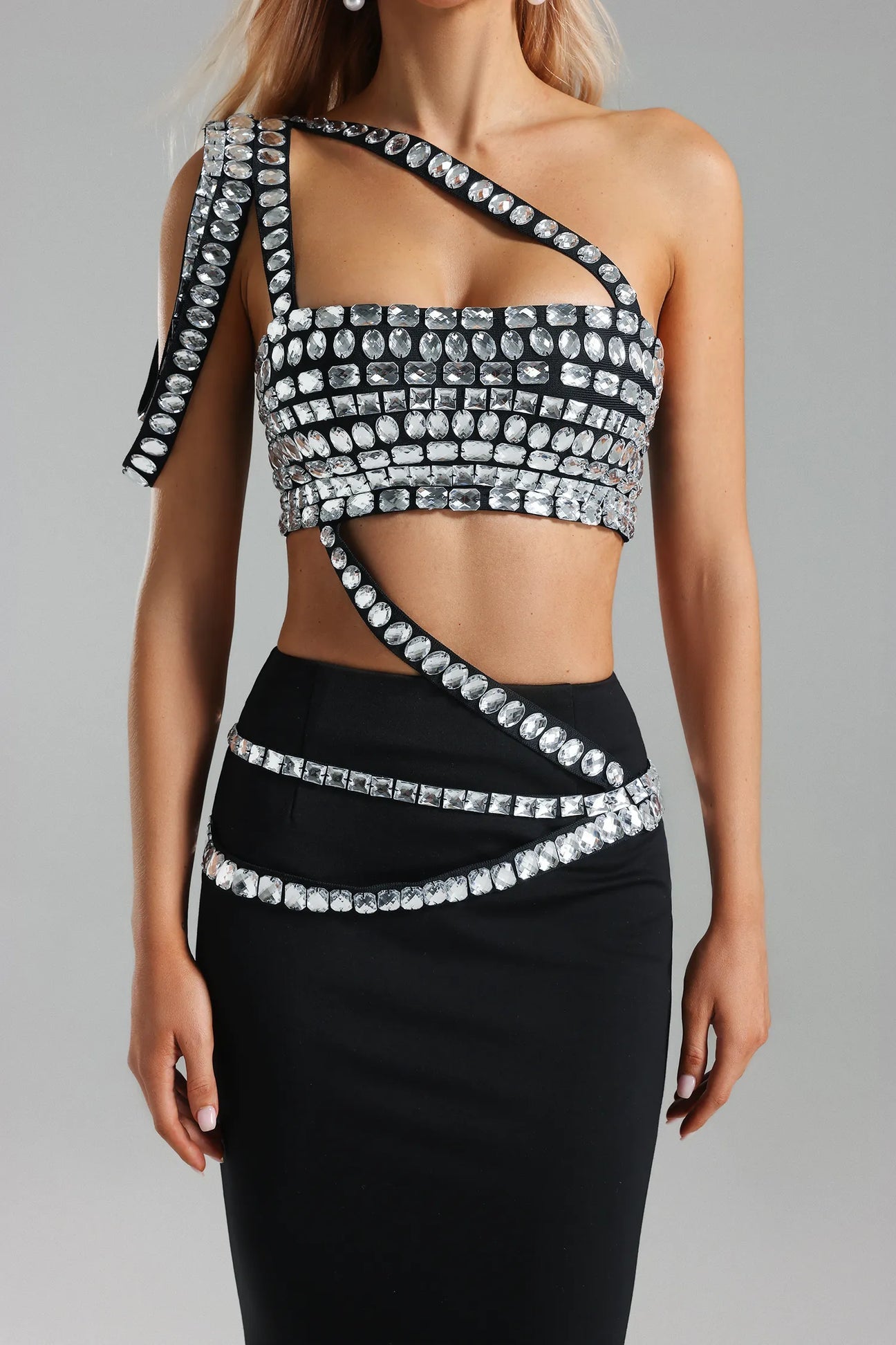 Sexy Maxi dress with top covered in large shiny diamonds.