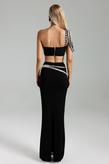 Sexy Maxi dress with top covered in large shiny diamonds.