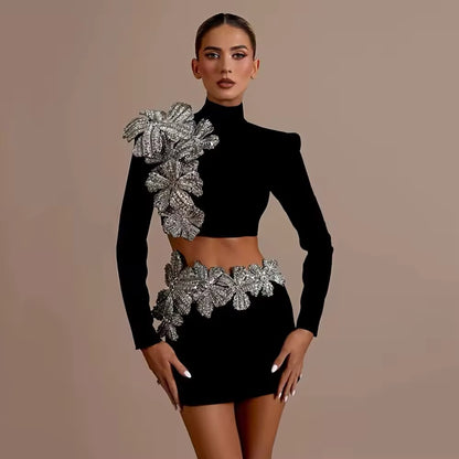 Women Bandage Sets Sexy Beading Long Sleeve Tops Mini Skirt Club.