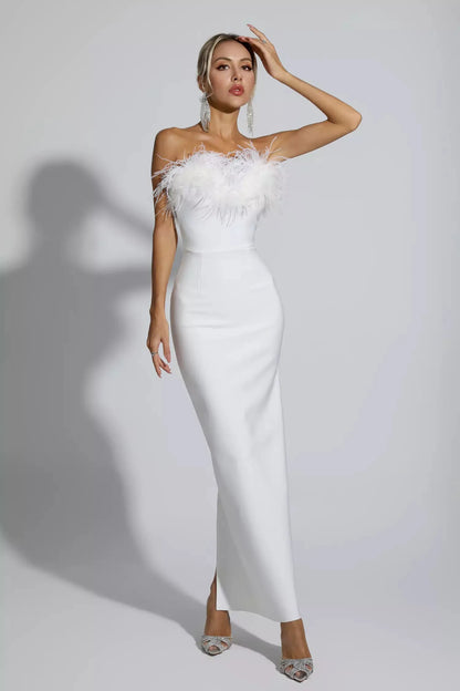 Elegant feathered midi dress.