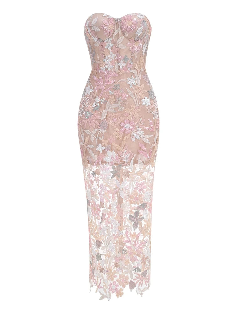 Strapless Embroidery Floral Sequin Long Dress Sequins Flower Backless Slim Dress.