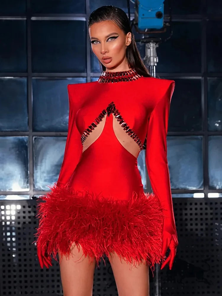 Women Luxury Sexy Long Sleeve Beading Feather Red Mini Bandage Dress.