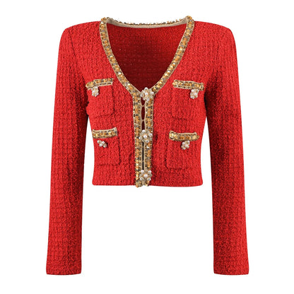 Charming luxurious set, red Tweed two-piece V-neck.