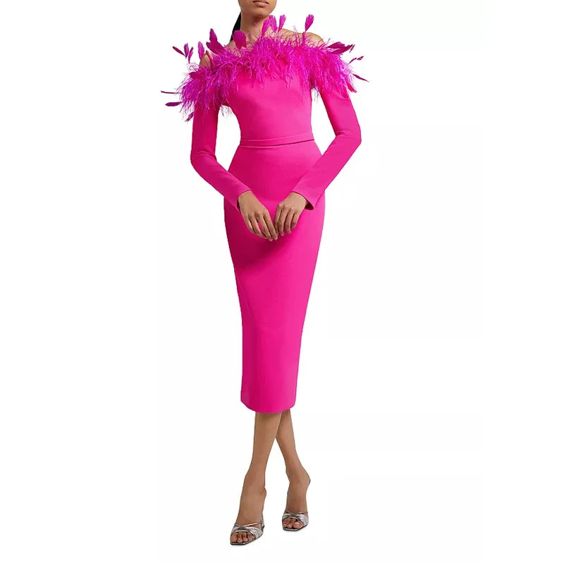 Women's rose Red Long sleeve Slash Neck Feather Tight Sexy Boutique Celebrity Cocktail Party Bandage Dress.