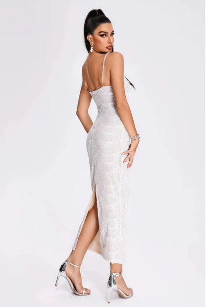 Sexy Strap Pearl Beading Sequins Bodycon Long Dress Celebrate Evening Party Birthday.