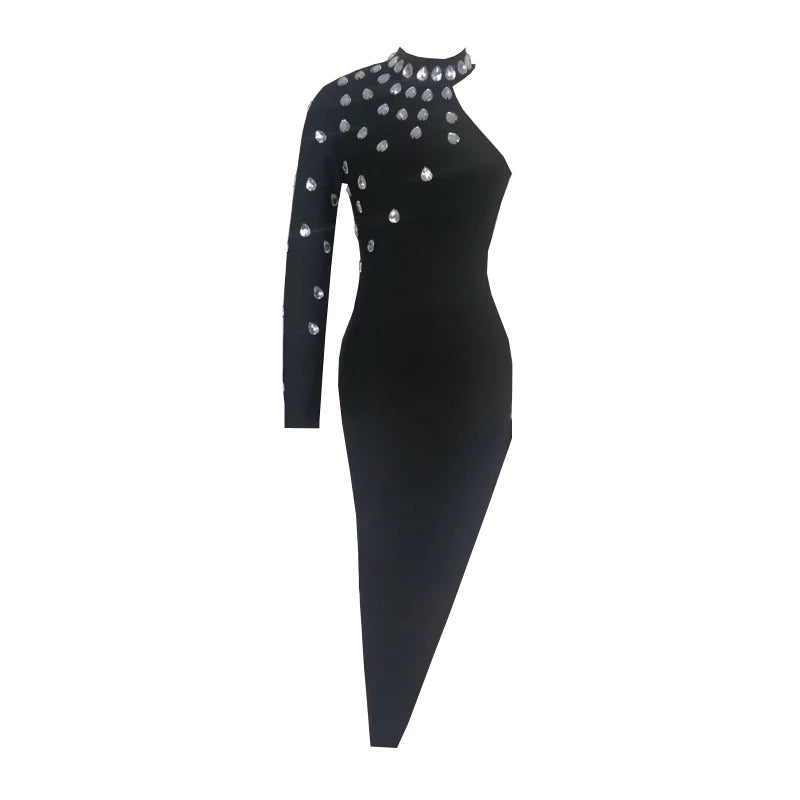 Sexy Sleeve Rhinestone Black Maxi Long Body Bandage Dress Elegant Evening Club Party Dress