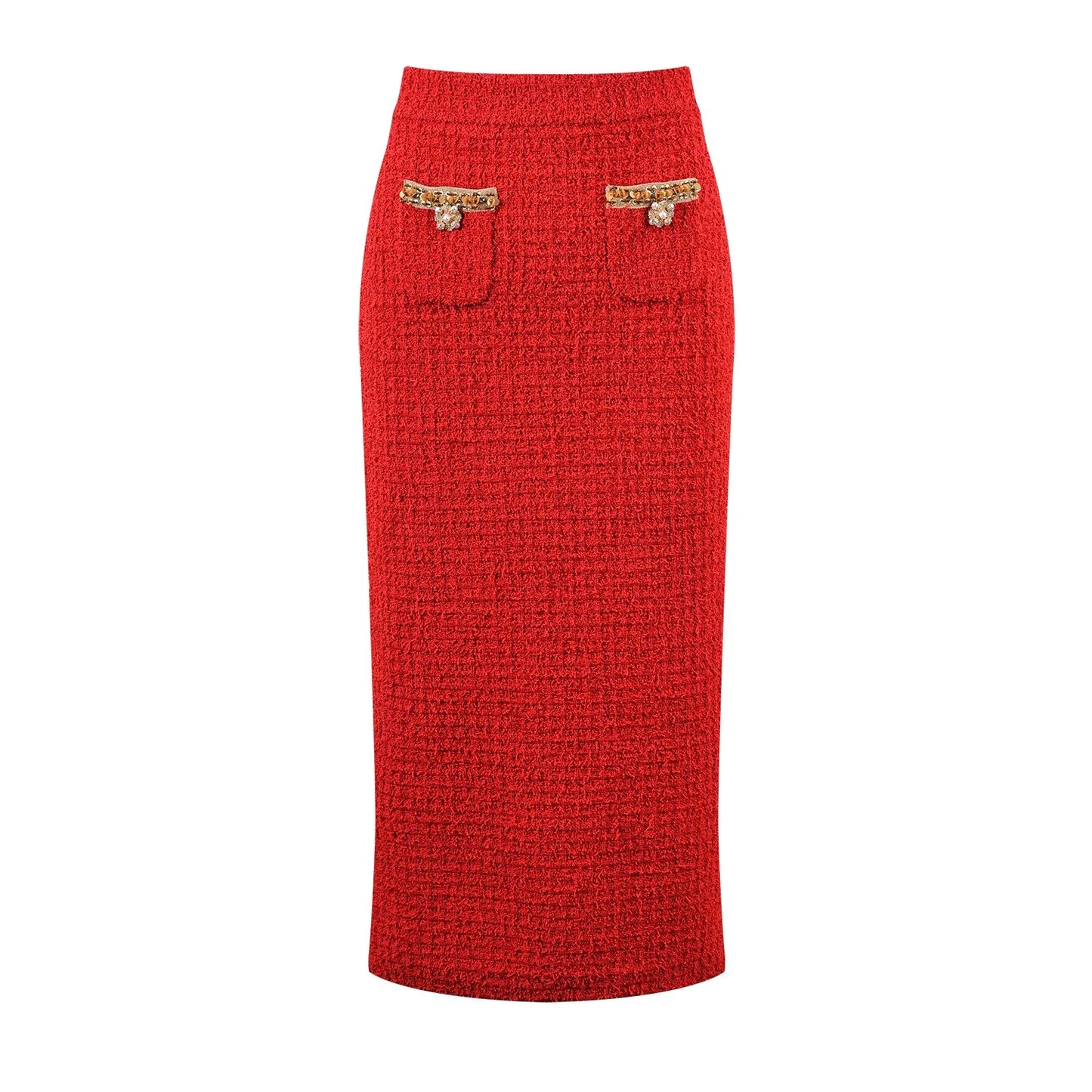 Charming luxurious set, red Tweed two-piece V-neck.