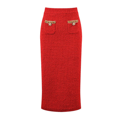 Charming luxurious set, red Tweed two-piece V-neck.