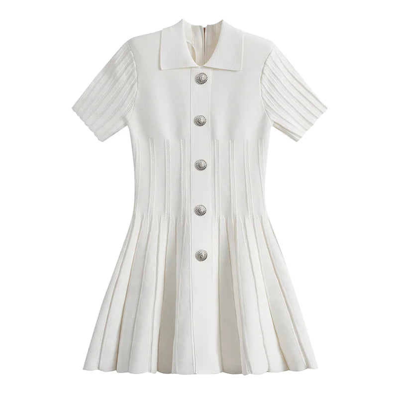 Turn-down Collar-breasted Short Sleeve Women Knit A-line Solid Mini Dress.