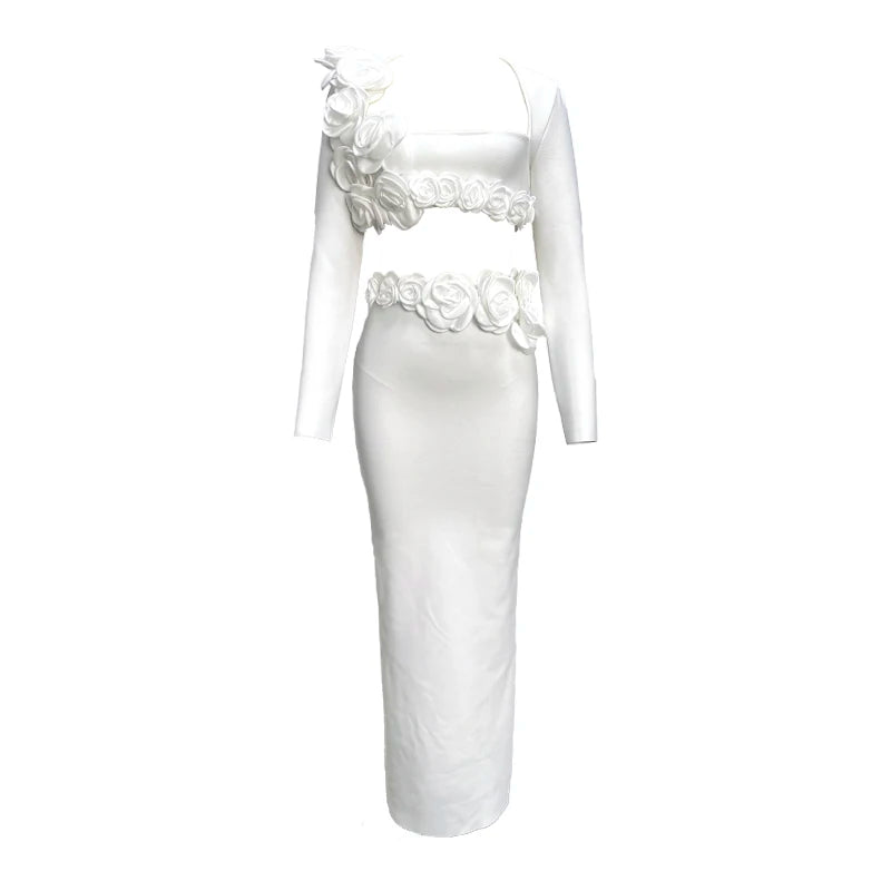 White flowers Long Sleeves Top Jacket&Skirt Sexy Two Piece Set Celebrity Party Sets.