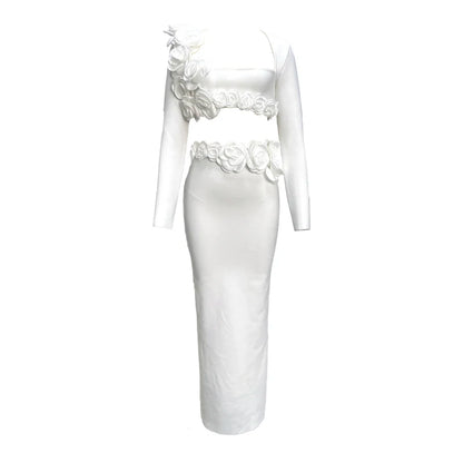 White flowers Long Sleeves Top Jacket&Skirt Sexy Two Piece Set Celebrity Party Sets.