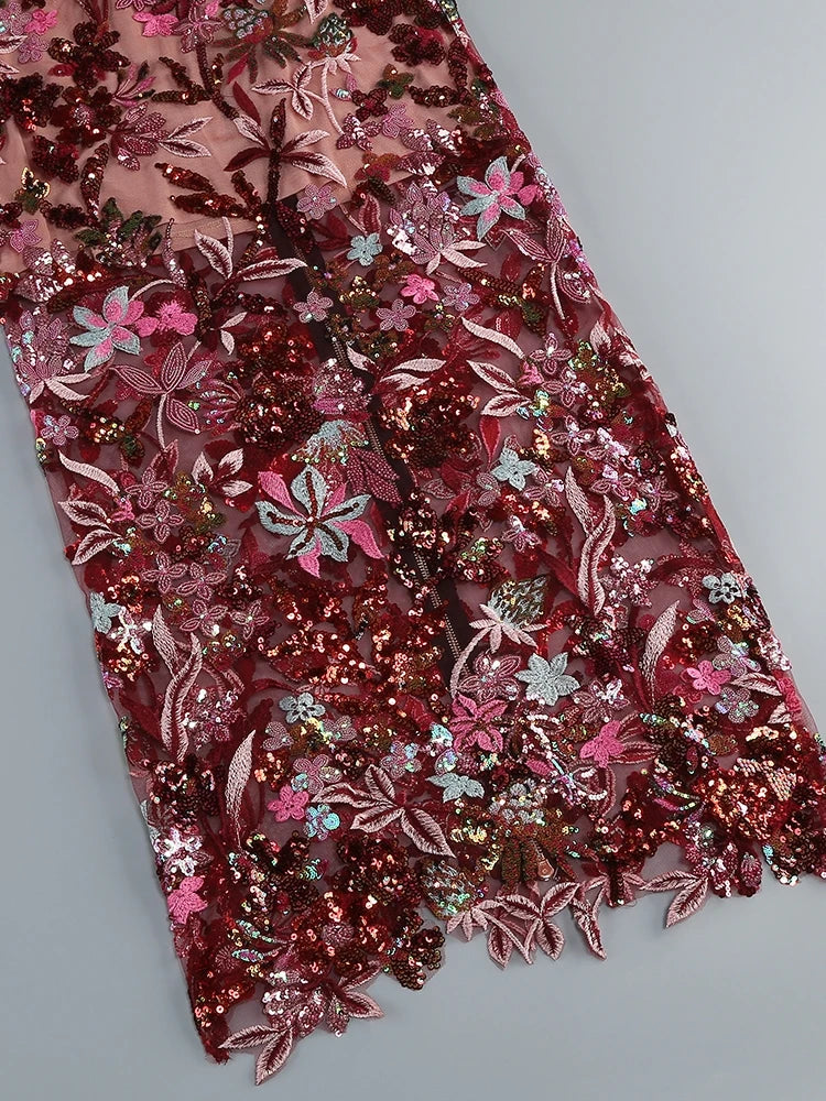 Strapless Embroidery Floral Sequin Long Dress Sequins Flower Backless Slim Dress.