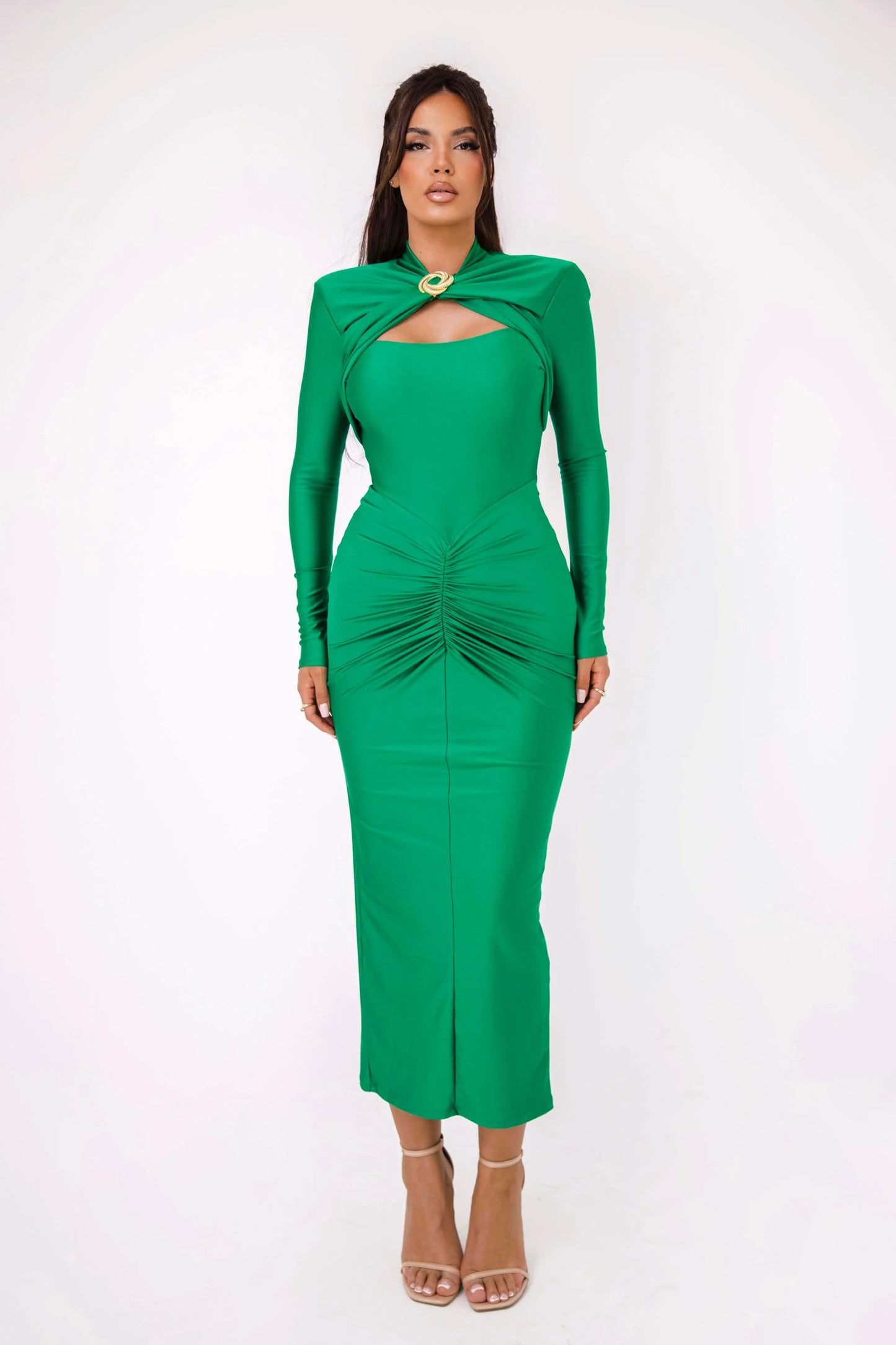 Long sleeved elastic, tight long dress.