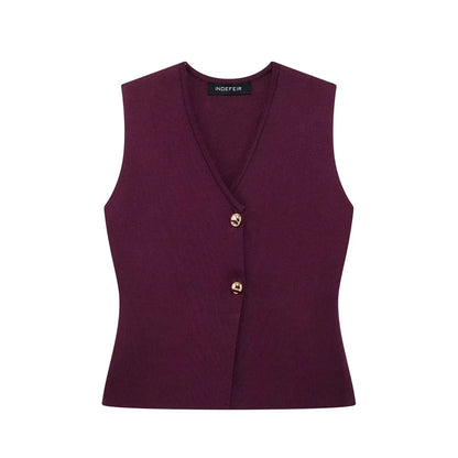 Set Chic V-Neck Sleeveless Button Knitted Vest.