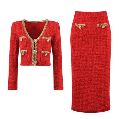 Charming luxurious set, red Tweed two-piece V-neck.