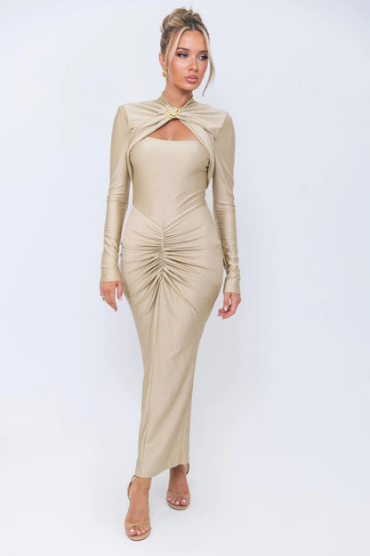 Long sleeved elastic, tight long dress.