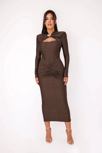 Long sleeved elastic, tight long dress.