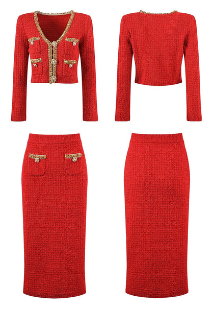 Charming luxurious set, red Tweed two-piece V-neck.