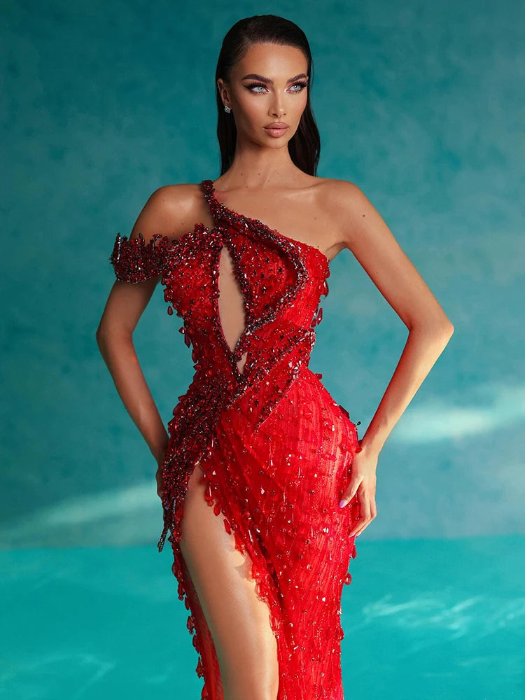 Red Diamonds Mermaid Dress Beaded Diagonal One-shoulder High Split Crystals Details Maxi Banquet.