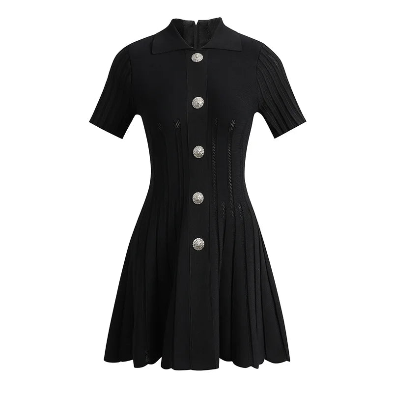 Turn-down Collar-breasted Short Sleeve Women Knit A-line Solid Mini Dress.