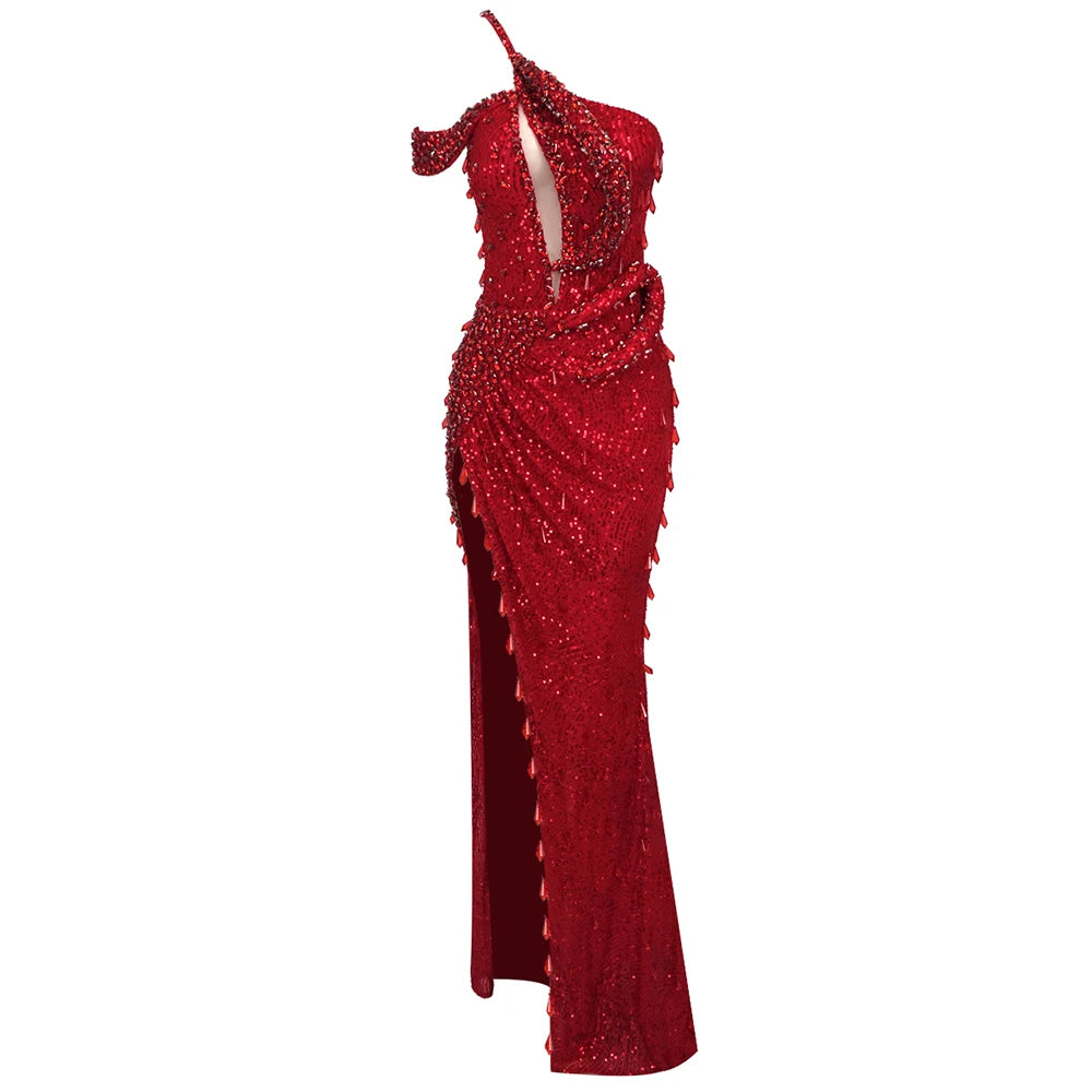 Red Diamonds Mermaid Dress Beaded Diagonal One-shoulder High Split Crystals Details Maxi Banquet.